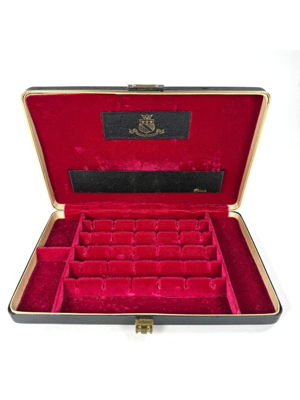 Vintage Shields Jewelry Display Case Red Velvet Interior Black Gold Accents